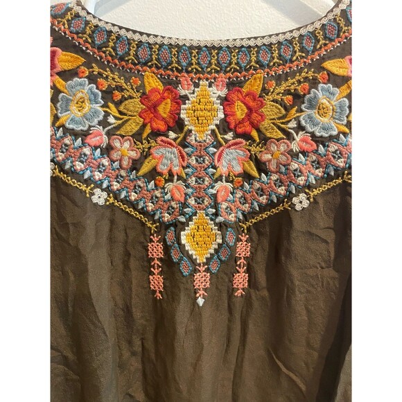 Johnny Was Embroidery Tunic Top Dress M Boho Olive Green Bell Sleeve Floral Silk - Picture 3 of 13